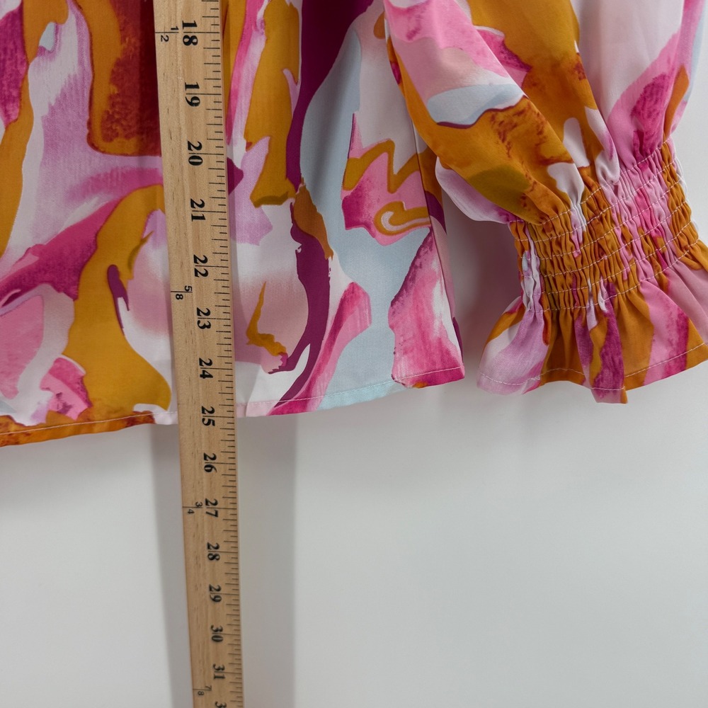 Mascomoda Womens Pink Orange Abstract V-Neck Smocked Cuff Blouse Large - Picture 8 of 9